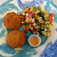 Fine Kettle crab cakes with greek salad lunch